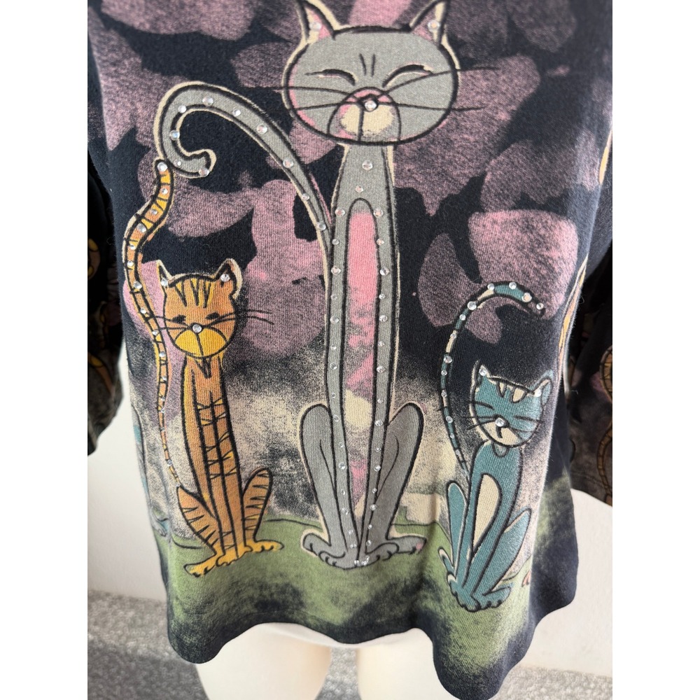 Jess & Jane Womens Large Meow Meow Cat Black Cotton Top USA 3/4 Sleeve Shirt - Picture 6 of 9